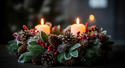 Two lit candles in an Advent wreath with pine cones, berries, and frosted greenery create a festive, warm holiday atmosphere.