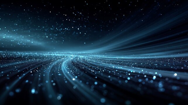 Digital abstract design with glowing data lines and particles at the bottom, smooth gradient filling the top two-thirds, showcasing futuristic technology concepts in a blue and digital atmosphere. - Powered by Adobe