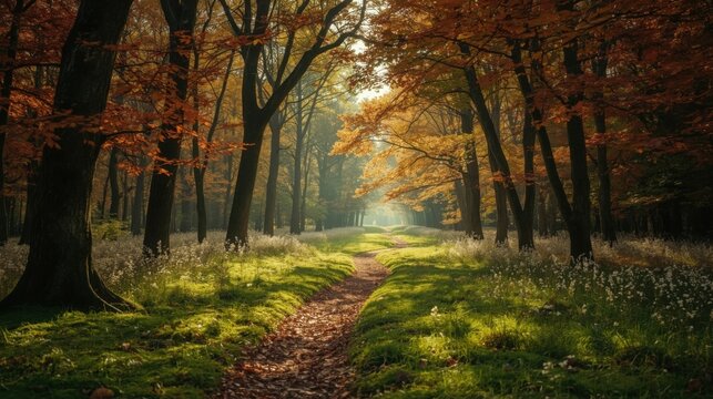 A winding path through a sunlit autumn forest with colorful leaves and green grass on either side - Powered by Adobe