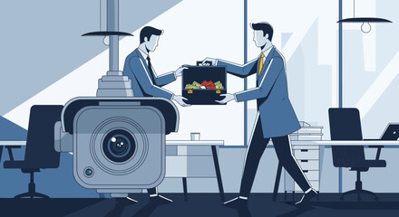 Corporate Bribery & Surveillance: Businessmen Exchange Money in Office Under CCTV Monitoring