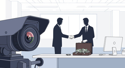 Businessmen shaking hands over money with CCTV camera. Corporate corruption, bribery, and illegal deal under surveillance concept.