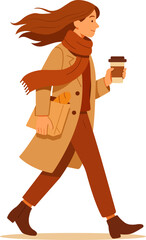Flat vector illustration of a stylish woman walking outdoors with coffee and a paper bag. Warm autumn palette, cozy atmosphere — perfect for seasonal, lifestyle, or fashion design projects.