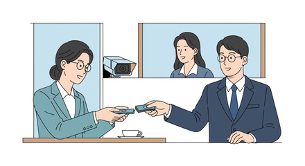 Professional business transaction with client and service agent, featuring remote video support and security camera monitoring