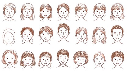 Pencil sketch of diverse faces with varied hairstyles, all smiling gently in rows. Soft, simple, warm