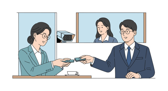 Professional business transaction with client and service agent, featuring remote video support and security camera monitoring