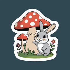 Cartoon sticker of a gray rabbit waving next to mushrooms and flowers on a dark background