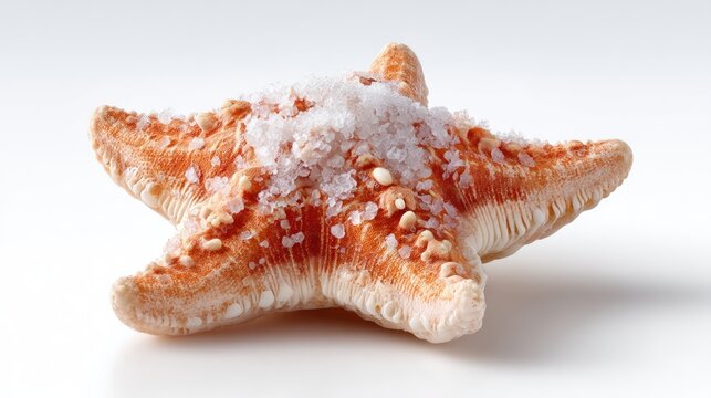 A dried orange and white starfish with visible texture and small white grains on its surface is centered against a clean white background with soft studio lighting emphasizing its delicate details.
