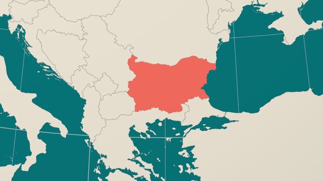 Bulgaria map. Animated zoom into the country on the Globe in Teal Pale Mint color palette. Country logo animation. Map with meridians, parallels. Captivating video.