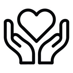 black outline icon of two cupped hands holding heart symbol representing care, compassion, support, love, charity, and emotional connection