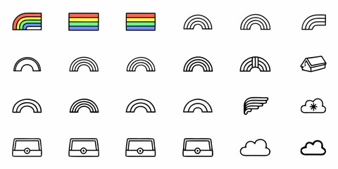 Whimsical assortment of illustrated rainbow, cloud, wing, and treasure chest icons perfect for adding a playful, dreamy touch to creative projects