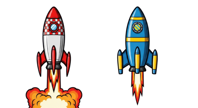 Cartoon vector illustration of two spaceships launching symbolizing startup and business growth isolated PNG with Transparent Background
