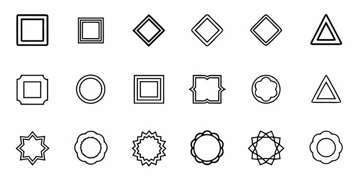 Modern outlined geometric shapes assortment for graphic design projects, creating visual hierarchy, brand identity, and eye catching abstract compositions