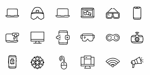 Modern technology icons showcase digital lifestyle with laptop, VR headset, smartphone, monitor and wifi symbol, ideal for tech startup branding