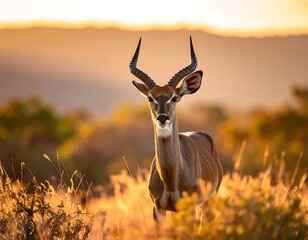 An African antelope stands in golden light, surveying the terrain
