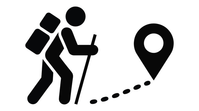 black and white icon of hiker with backpack and walking stick following dotted path toward location marker symbolizing travel and exploration - Powered by Adobe