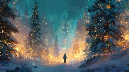 Solitary figure standing in a magical winter forest illuminated by ethereal glowing lights and falling snow