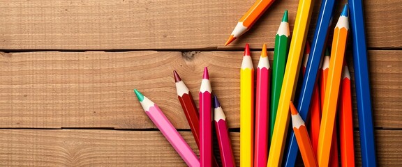 Assorted color pencils scattered on a textured wooden background, school supplies, back to school