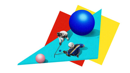 Surreal collage art. Two hockey players in faceoff position on abstract composition. Concept of rivalry, leadership, sportsmanship for youth education, media, and corporate visuals.