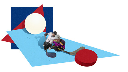 Creative digital artwork. Hockey players in action near geometric shapes. Concept of motivation,...