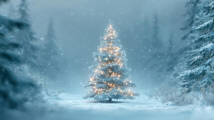 Enchanted christmas tree illuminated with warm lights standing alone in a snowy winter forest landscape