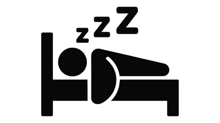 black and white icon of person sleeping in bed with z symbols representing rest, sleep, snoring, and bedtime in universal signage style