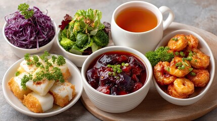 A Clean Flat Lay Photo of a Chinese Meal Featuring Crispy Tofu Red Cabbage Salad Broccoli Florets Sweet and Sour Shrimp and a Cup of Tea