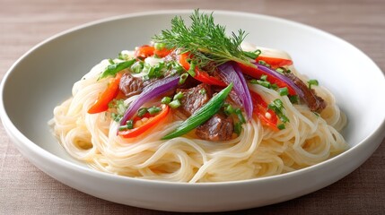 A Clean Studio Image of White Noodle Pasta Dish Topped with Sliced Red and Purple Onions Green Peppers and Meat Slices in a White Bowl