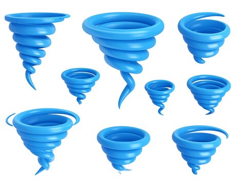 Collection of vibrant, stylized, blue tornado graphic elements