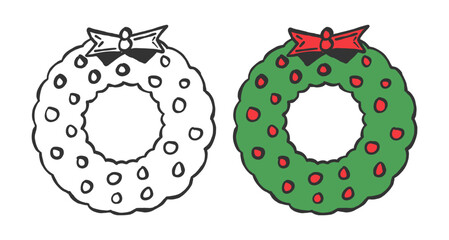 Colorful hand drawn Christmas wreath in line art style. Perfect for holiday cards, festive decorations, and seasonal design projects
