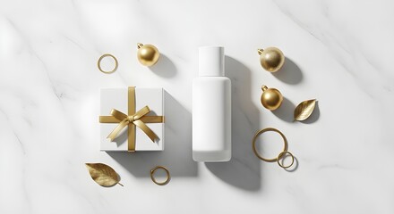 Top-Down Layout of Blank Cosmetic Bottle with Wrapped Gift and Gold Ornaments on White Marble Background, Soft Shadow, Designed for Text Overlay