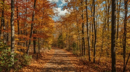 Fototapeta premium A path through a forest with trees in full autumn color and fallen leaves covering the ground on a sunny day