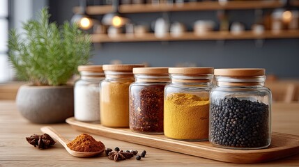 A Detailed Low Angle Photo Of A Wooden Shelf Filled With Glass Jars Of Spices And Herbs Including Black Peppercorns Turmeric And Chili Flakes Alongside A Potted Plant With Soft Natural Lighting