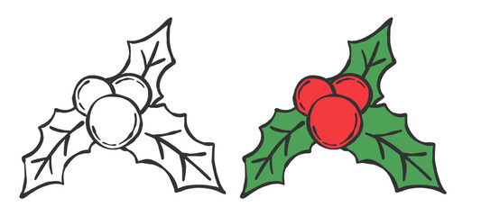Simple hand drawn mistletoe icon with berries and leaves for Christmas and holiday designs. Perfect for cards, decoration, and festive artwork