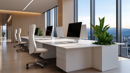 Minimalist open-plan designer workspace with city view, photorealistic