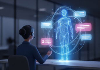 Customer service representative providing support with a holographic AI assistant offering personalized service in a modern tech-focused company setting
