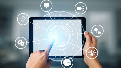 Concept of managing online folders with digital file organization, cloud storage, and secure...