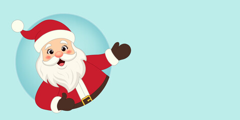 Santa Claus peeking out of a round frame and pointing to the copy space on light blue background. Happy Christmas character vector for greeting card, festive sticker, party invitation, seasonal design
