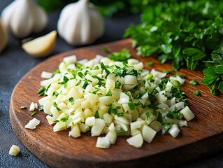 Freshly chopped garlic and parsley on a wooden cutting, board
