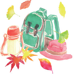 秋の行楽　リュックと水筒と紅葉のイラスト