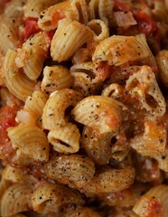 Vegan lentil pasta with basil and tomato pesto, fresh ingredients, healthy meal