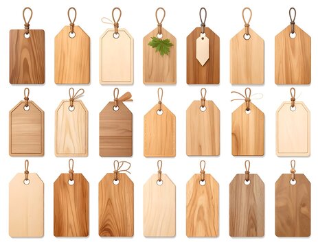 Collection of wooden tags with string and ribbon embellishments on white