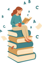 Flat vector illustration of a woman sitting on a pile of books with a cup of coffee, reading and learning. Perfect for education, studying, literature, or self-development concepts.