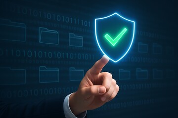 Business hand pressing shield icon representing data security privacy protection encryption technology safety defense network confidentiality and secure communication concept 