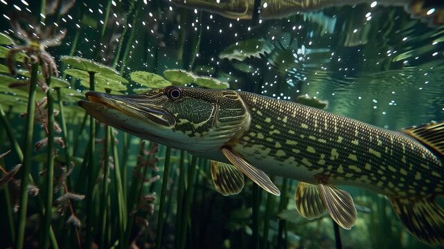 Observe the serene beauty of a freshwater pond as a fish glides gracefully among lush plants. The sunlight filters through the water, creating an enchanting atmosphere filled with vibrant life.