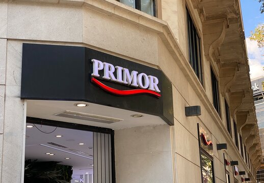 Palma, Spain - October 16, 2025: Primor store front showcasing modern design and branding, located in a bustling urban area with clear blue sky above