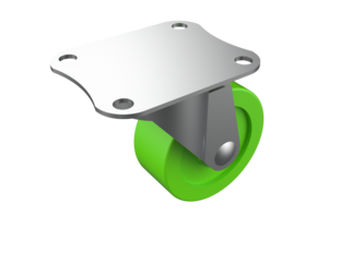 High-Resolution 3D Rendering of Heavy-Duty Swivel Caster Wheel with Bright Green Roller and Silver Metal Mounting Plate, Ideal Industrial Hardware Component Isolated on HD Transparent PNG Background.