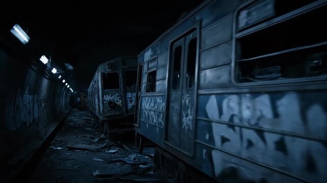 Abandoned Subway Trains in a Dark Tunnel Showing Graffiti and Deterioration in a Post-Apocalyptic