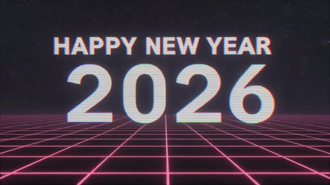 A retro glitch-style animation background featuring &ldquo;2026 Happy New Year&rdquo; text&mdash;designed with vibrant distortion effects, pixel noise, and nostalgic digital aesthetics for a bold celebration theme.