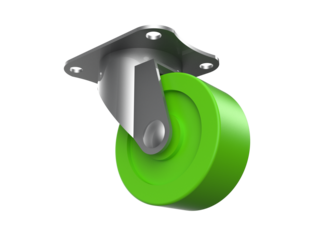 A detailed 3D rendering of a fixed caster wheel featuring a vibrant lime green polyurethane tire and silver metal mounting plate, isolated on a PNG Transparent HD Background.