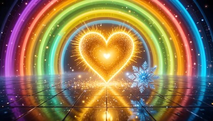 Radiant heart glows amidst vibrant rainbow tunnel, sparking joy and winter magic
